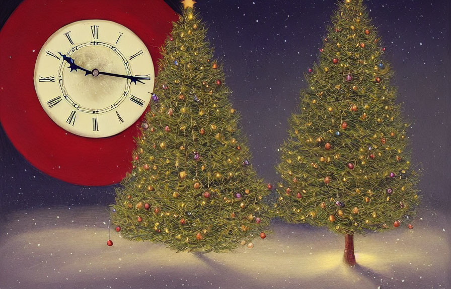 Festive Christmas trees with clock at midnight in starry night illustration