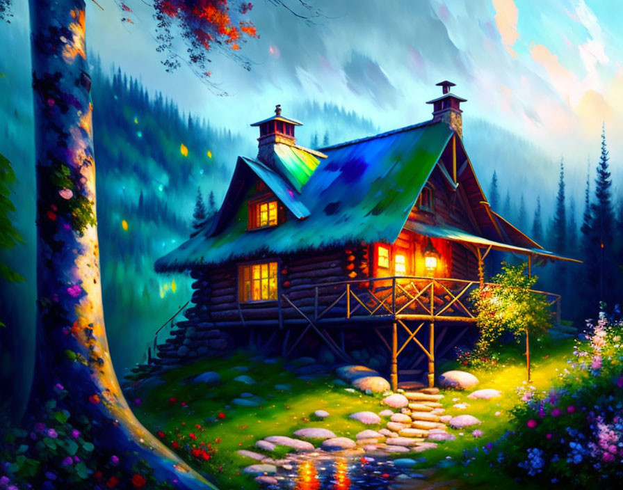 Cozy cabin in lush forest with glowing windows at twilight