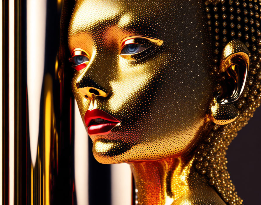 Golden woman with dotted skin texture and red lips in 3D rendering