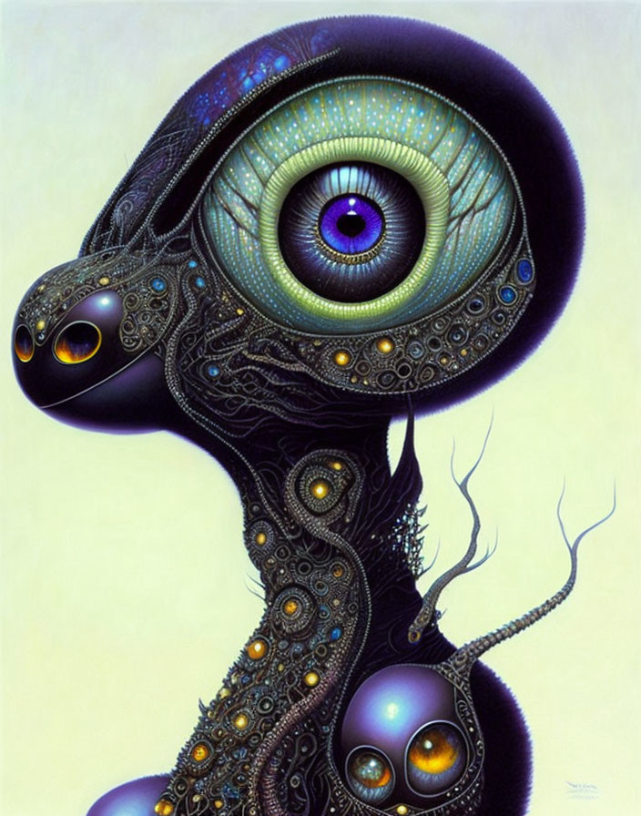 Fantasy artwork of creature with oversized eye-head and intricate patterns.
