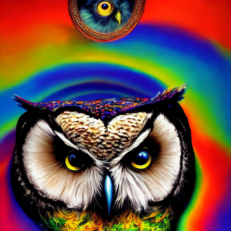 Vibrant Psychedelic Owl on Rainbow Background with Symbol
