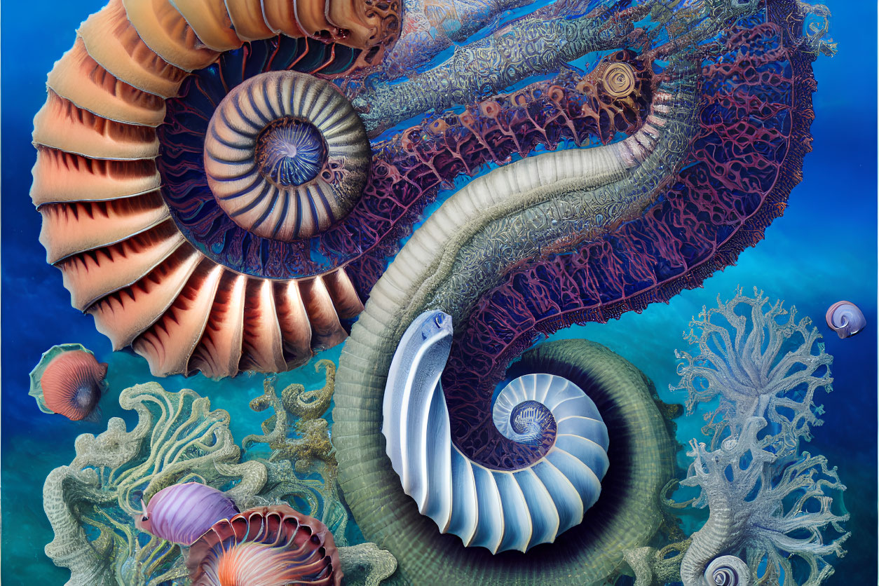 Colorful Nautilus Shell Spiral Art Against Deep Blue Ocean Background