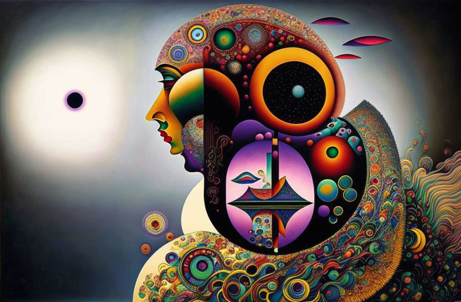 Colorful Psychedelic Human Profile Painting with Celestial Bodies and Sailing Boat Motif