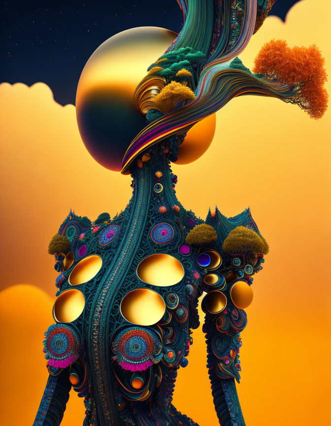 Vibrant 3D artwork: surreal shapes, orbs, textures on orange sky