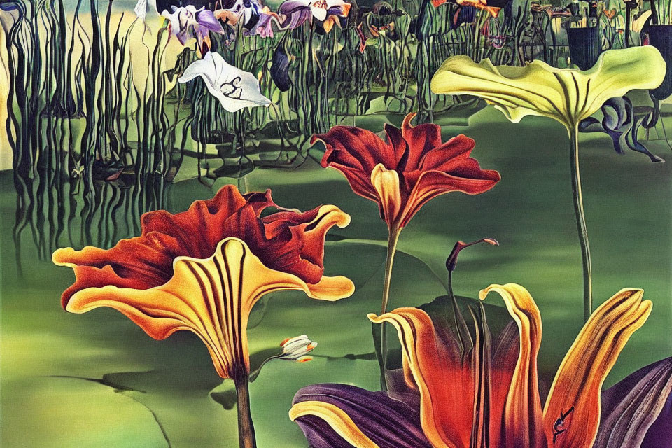 Colorful painting of oversized trumpet-shaped flowers in surreal setting with green backdrop
