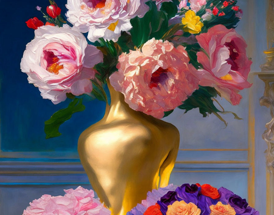 Colorful flowers in golden vase with architectural backdrop
