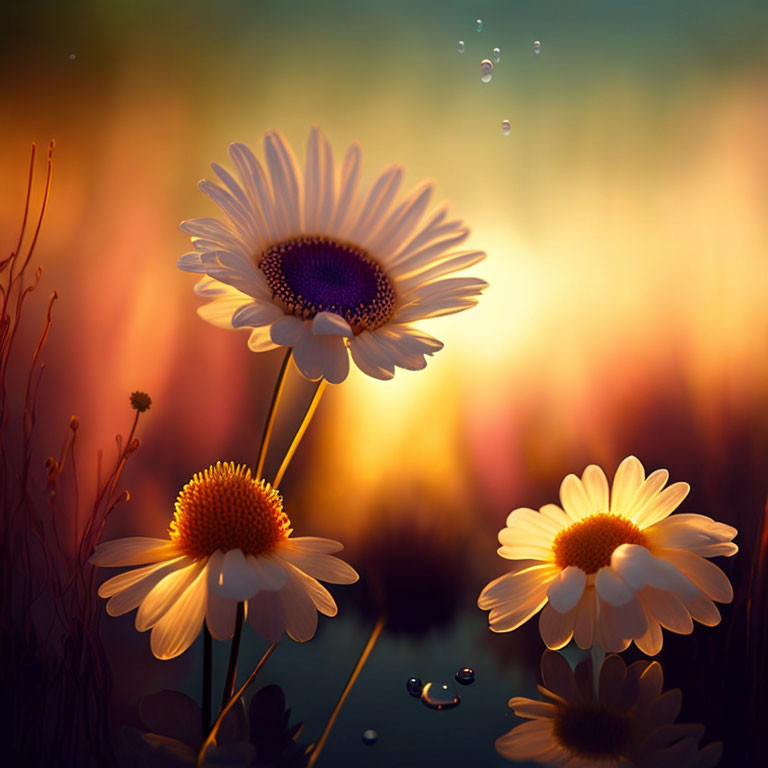 White daisies under orange and yellow sunset with floating water droplets