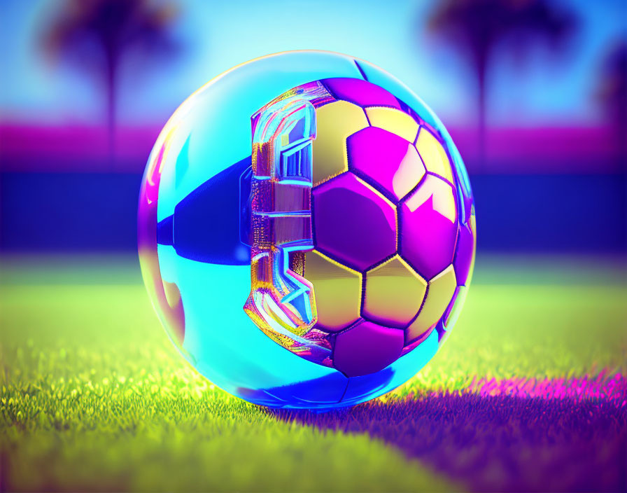 Soccer ball artwork with neon colors on grass field