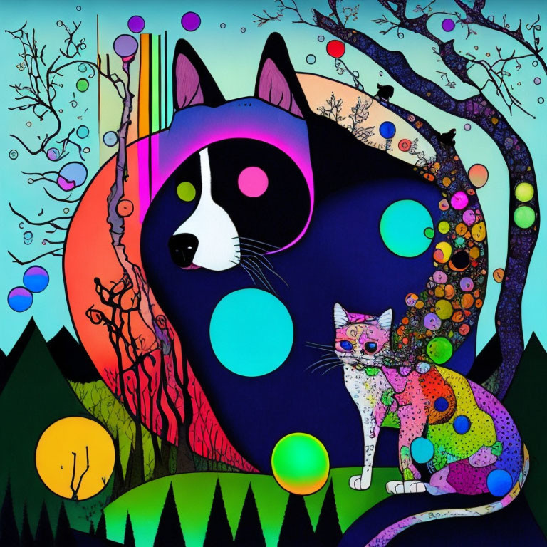 Colorful Psychedelic Digital Artwork: Stylized Cat Faces on Abstract Landscape