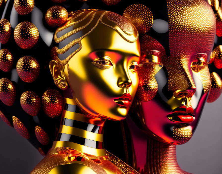 Contrasting gold and red metallic faces merge with intricate textures.