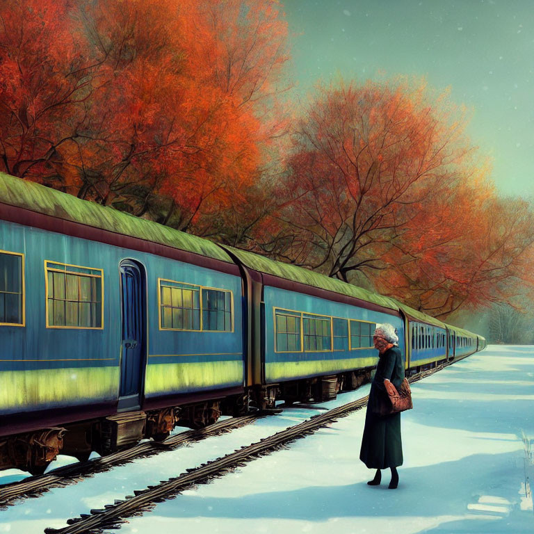 Elderly Woman at Vintage Blue Train in Snowy Landscape