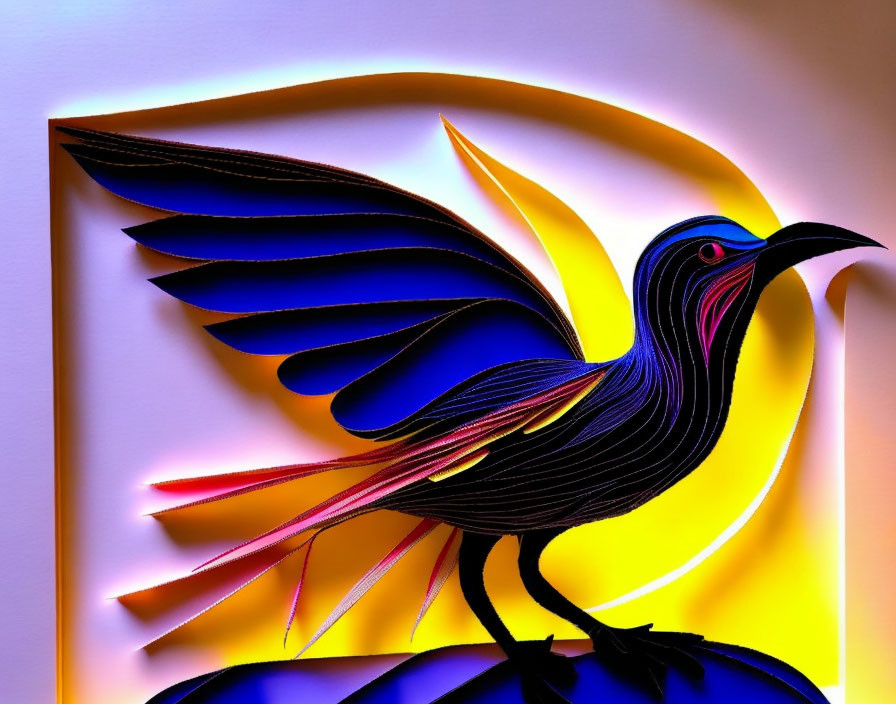 Colorful Stylized Bird Artwork in Blue, Yellow, and Pink
