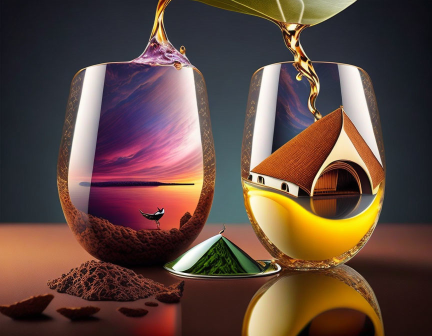 Surreal landscape reflections in wine glasses