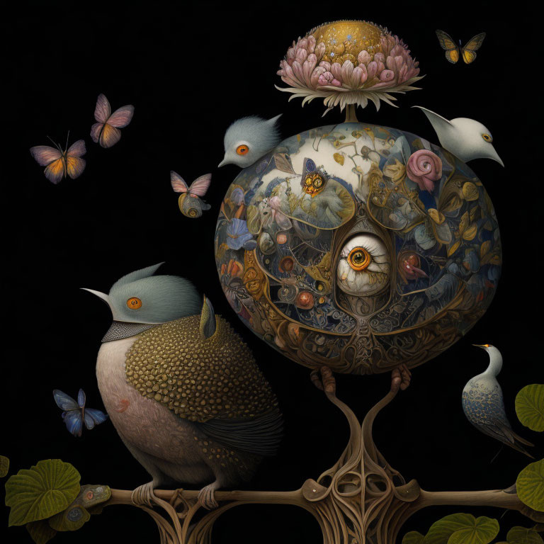 Surreal artwork: birds, globe with eye, flowers, butterflies, dark background