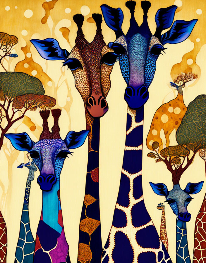 Vibrant giraffes in colorful patterns on savanna backdrop