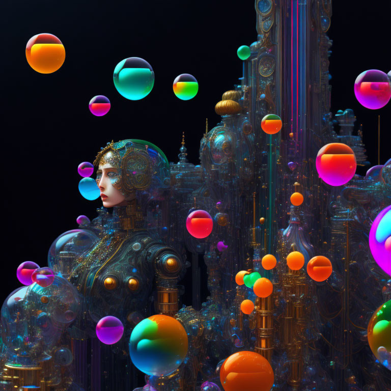 Elaborate headgear on mannequin figure in colorful, glowing setting