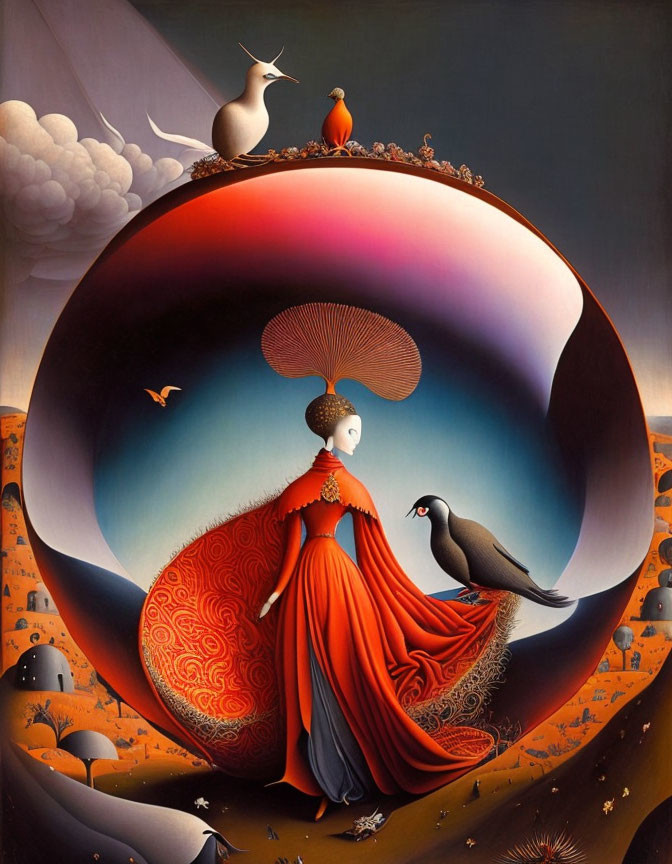 Surrealist painting: Woman in red dress with bird, circular frame, whimsical landscape