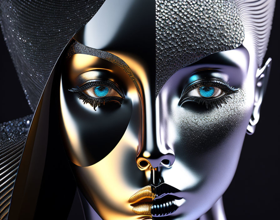 Symmetrical digital artwork: gold and silver face with blue eyes
