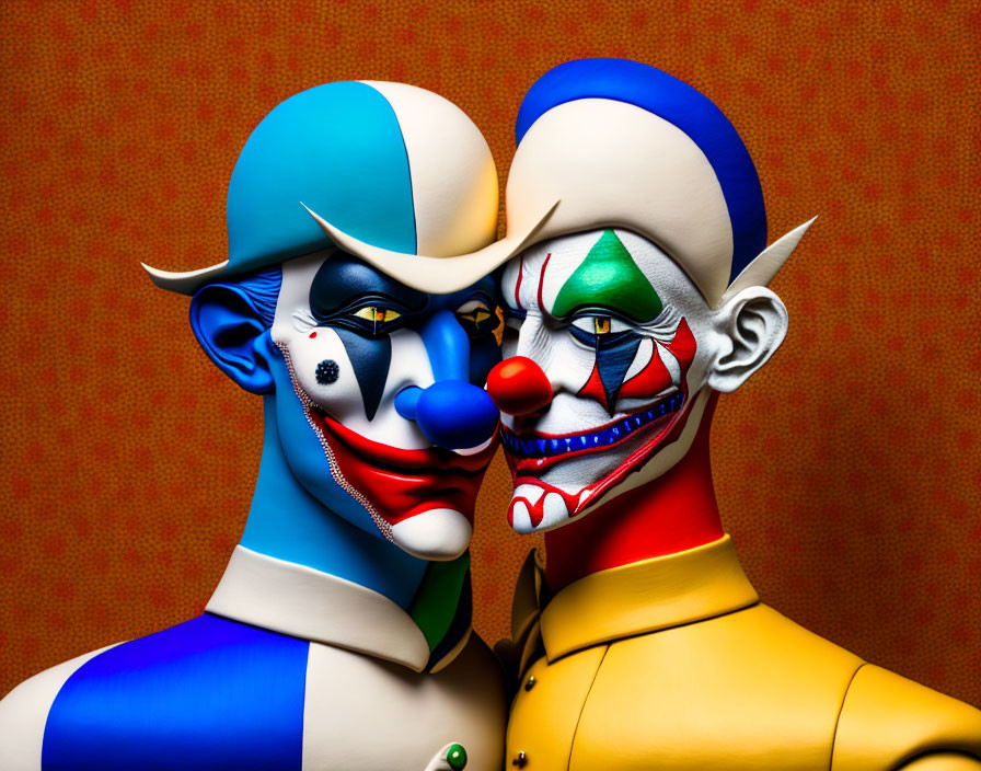 Colorful 3D-rendered clown characters with exaggerated expressions and stylized outfits on textured orange background
