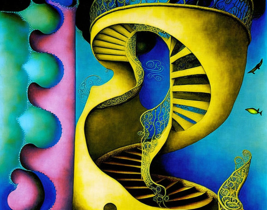 Abstract painting featuring spiral staircase, blue and yellow hues, fish in dreamlike space