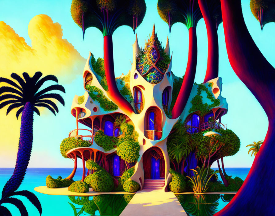 Fantasy treehouse illustration among lush flora by ocean at sunset
