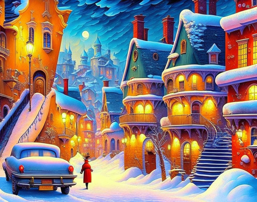 Snowy village scene at night: colorful houses, vintage car, person in red coat under moonlit