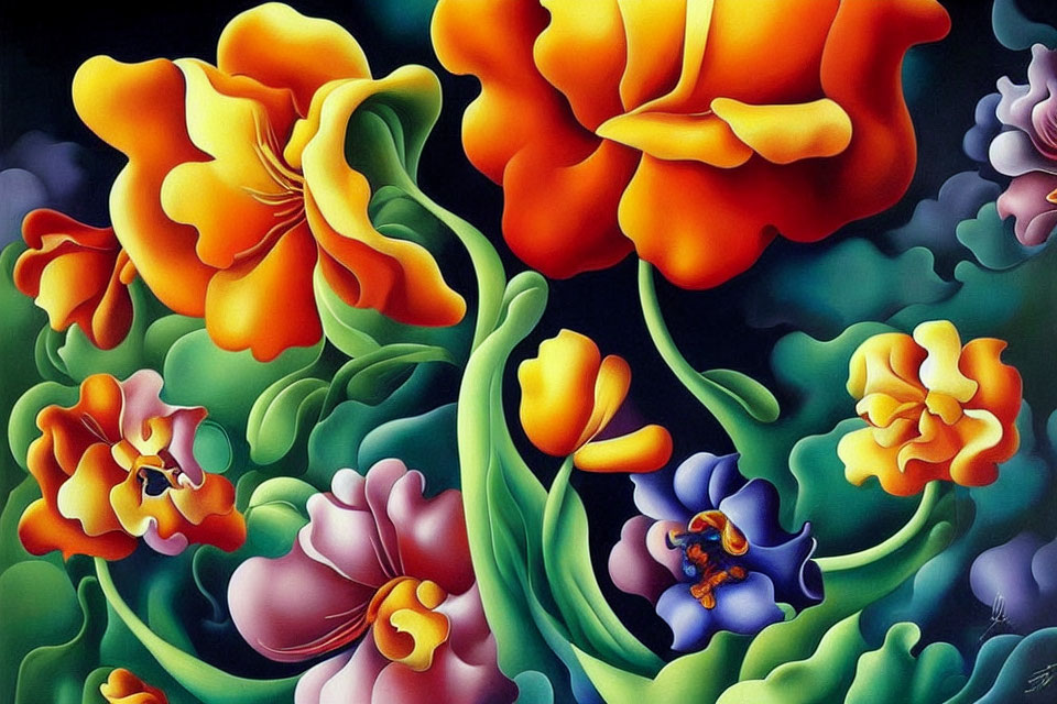 Colorful Stylized Flower Painting on Dark Background