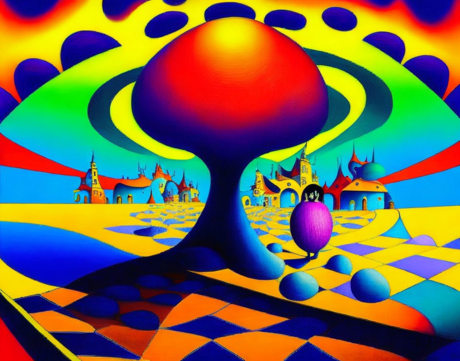 Colorful Surreal Landscape with Red Sphere and Warped Structures