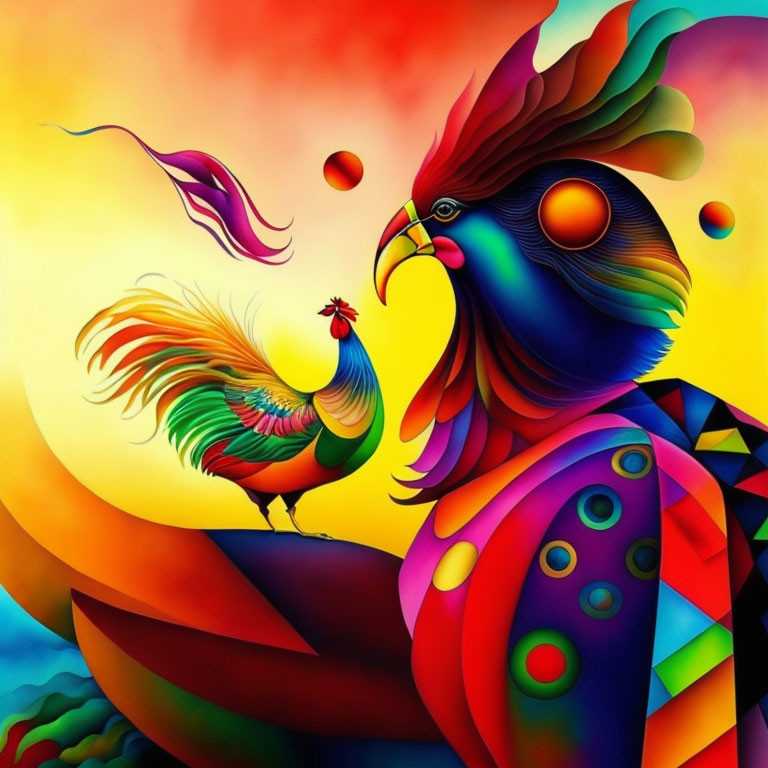 Colorful illustration of two roosters in vibrant hues on abstract background