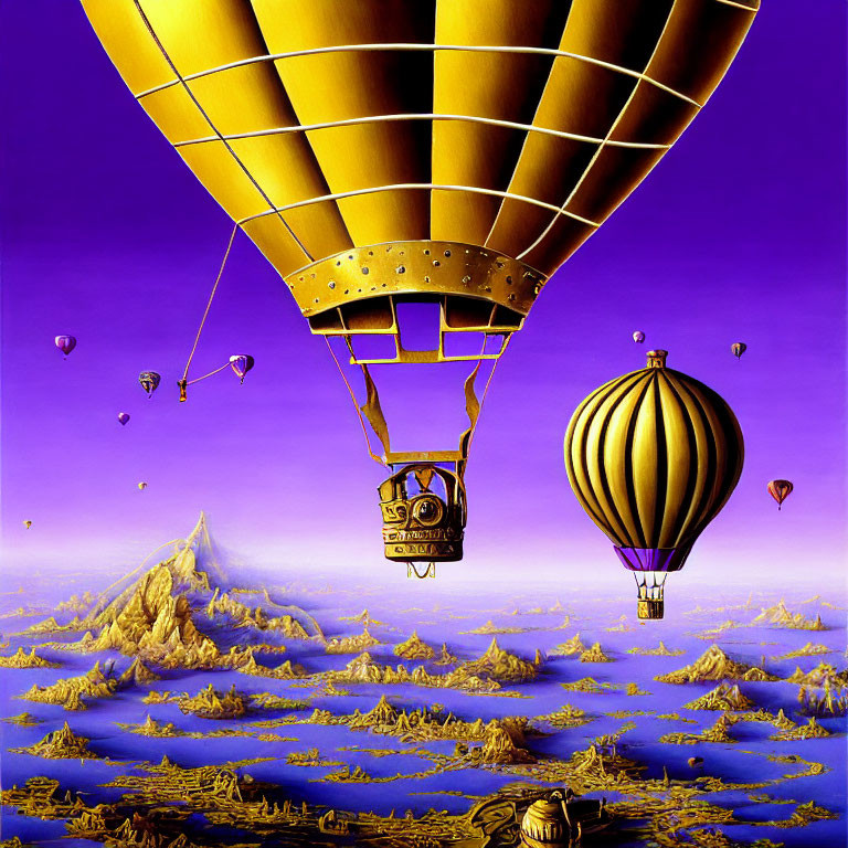Colorful hot air balloons over purple landscape with rocks and small balloons.