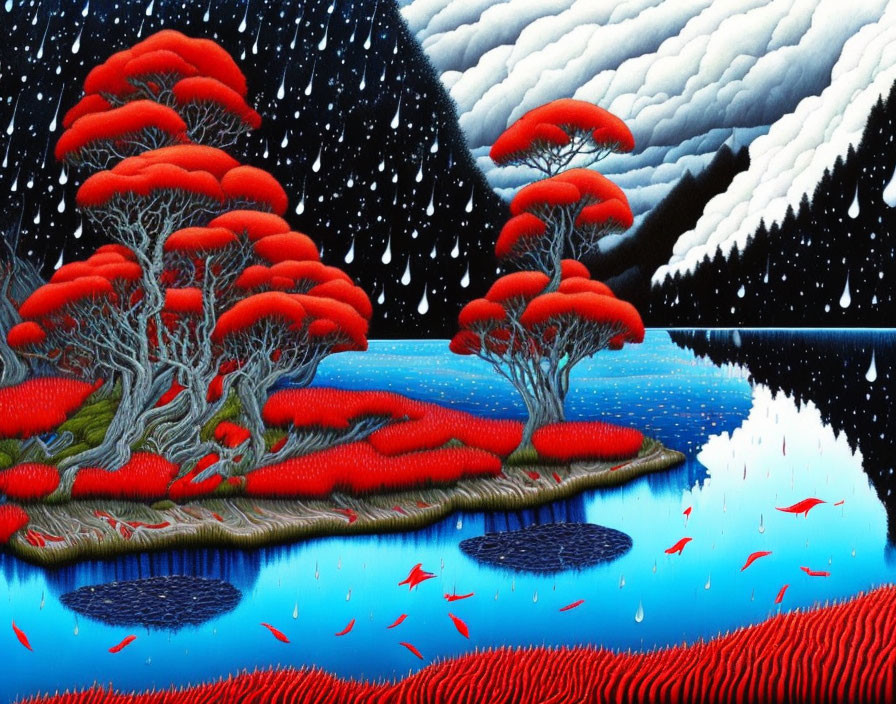 Red-leaved trees by a still lake under a starry night sky with snowy clouds and clear sky