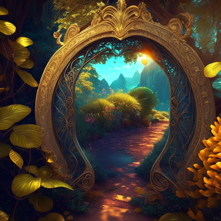 Golden mirror frame showcases magical forest path to distant mountains at sunset