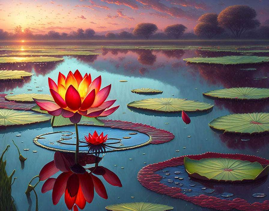 Colorful lotus flower in serene pond at sunset with reflections and lily pads