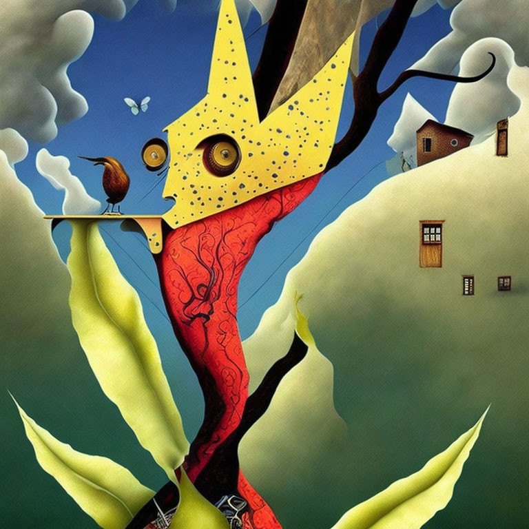 Whimsical surreal artwork: tree with cheese crown, owl eyes, bird, butterfly, whimsical