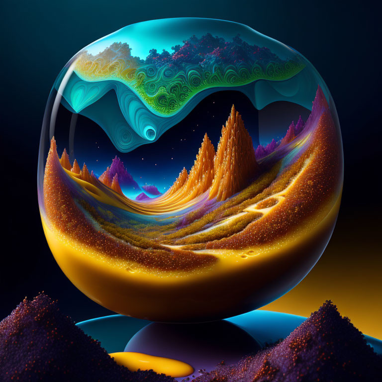 Colorful digital artwork: Otherworldly landscape in transparent sphere