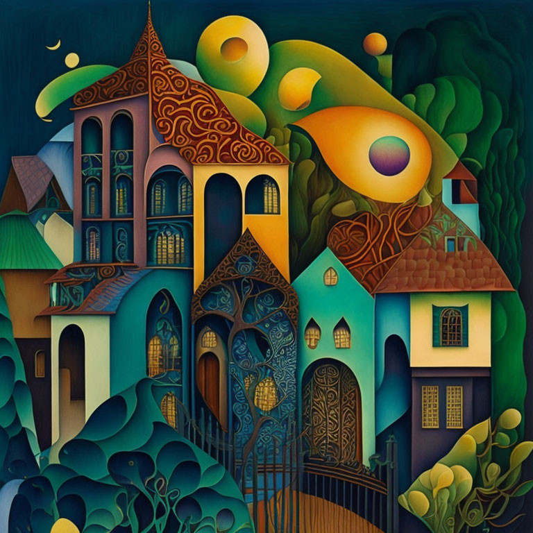 Stylized houses and moons in whimsical painting of rolling hills