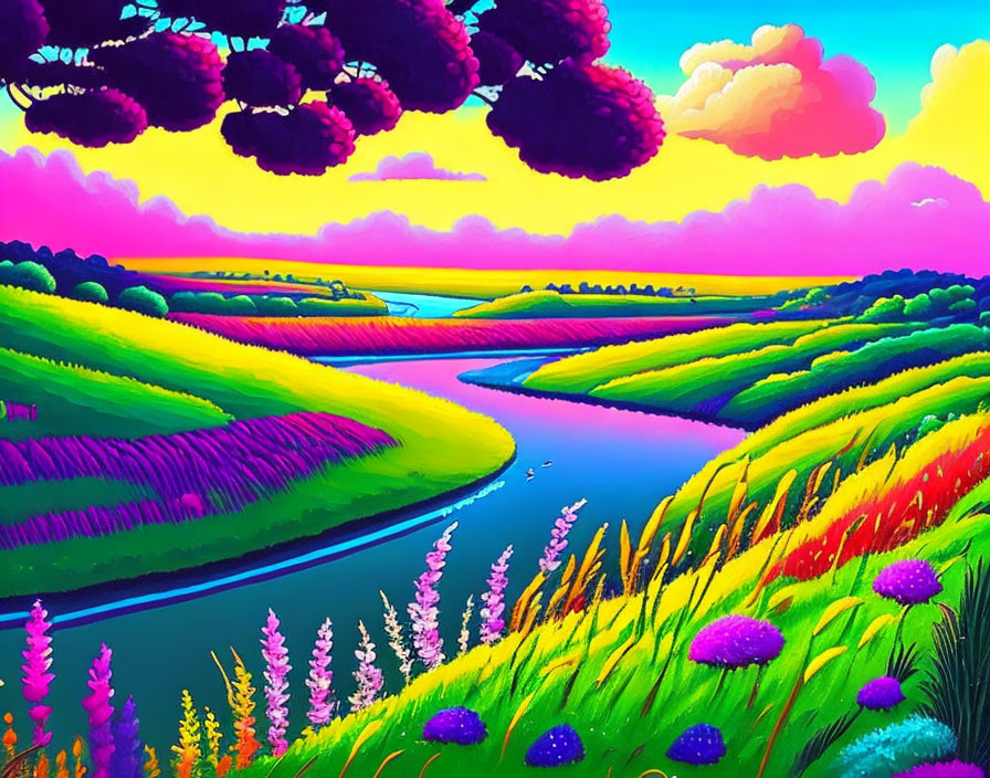 Colorful landscape with winding river and whimsical purple clouds