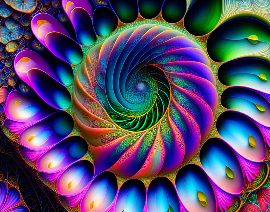 Colorful Fractal Pattern with Spiral Center and Feather-like Shapes