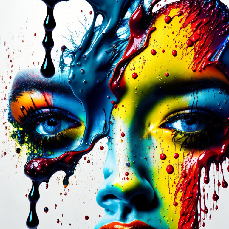 Colorful portrait of woman with dripping paint showcasing bold makeup