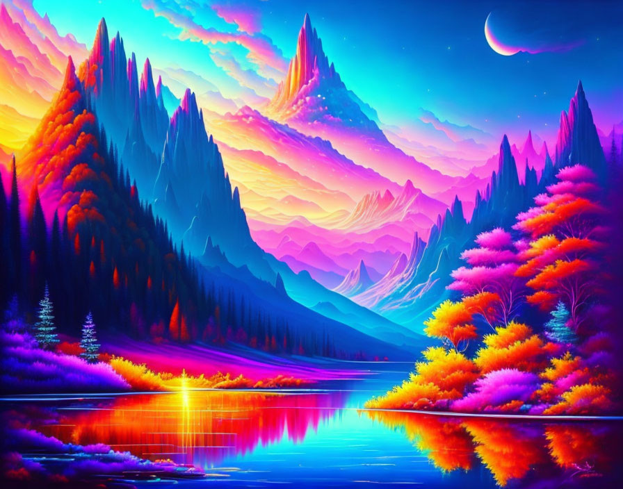 Colorful Neon Landscape with Mountains, Trees, and Crescent Moon