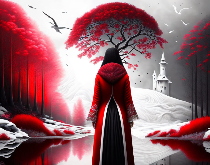 Red Cloaked Figure in Surreal Landscape with Crimson Trees and White Castle