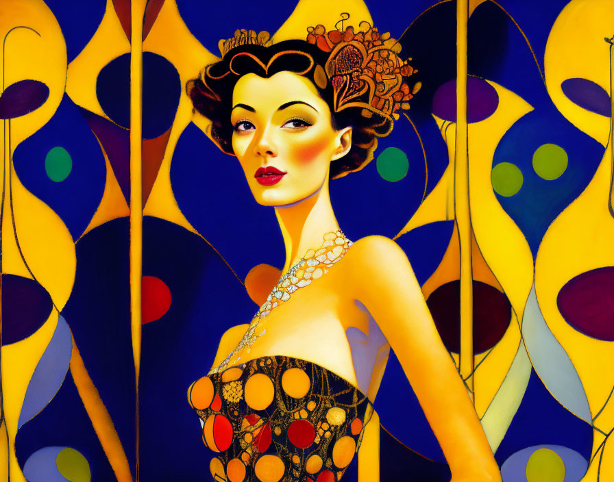 Colorful Art Deco Style Painting of Elegant Woman with Geometric Background