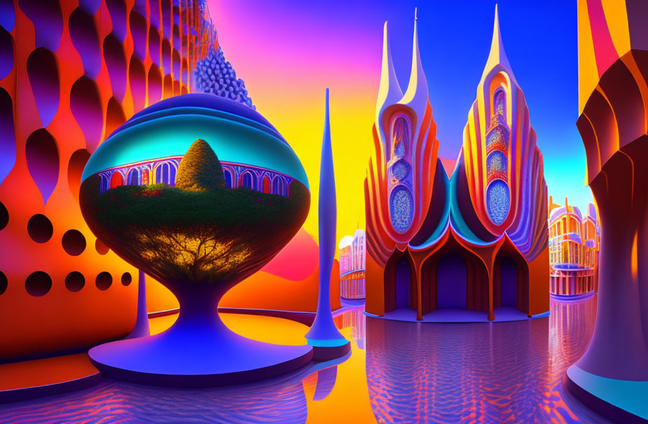 Colorful surreal landscape with reflective spherical tree and castle-like structures under gradient sky
