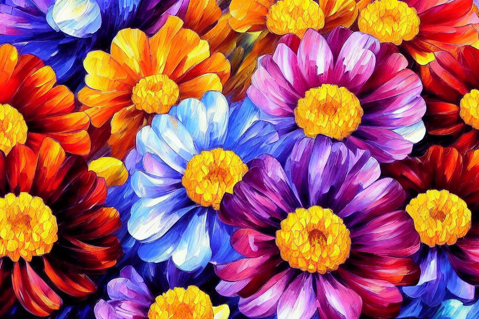Colorful Daisy-Like Flowers Painting with Blue, Orange, Purple, and Red Petals