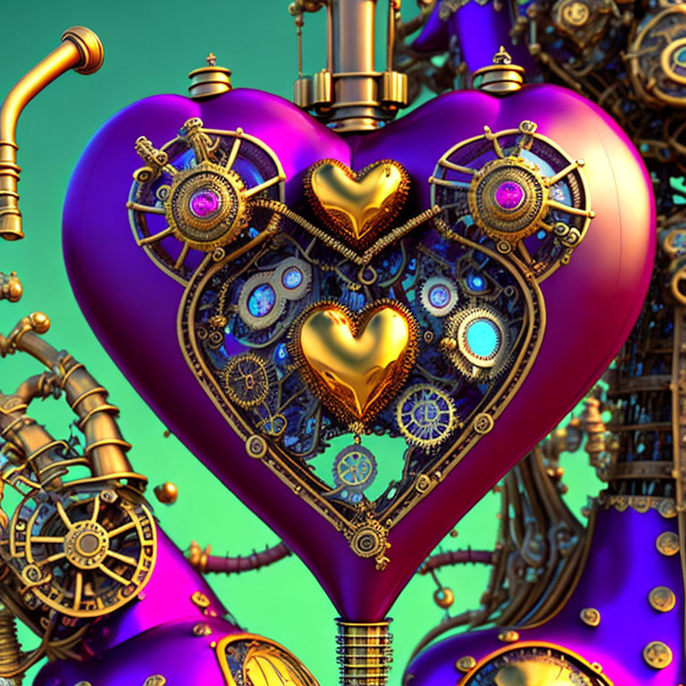 Colorful Steampunk Heart with Gears and Mechanical Details
