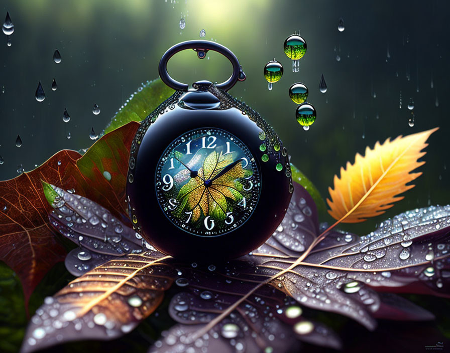 Intricate Pocket Watch on Wet Leaves with Water Droplets