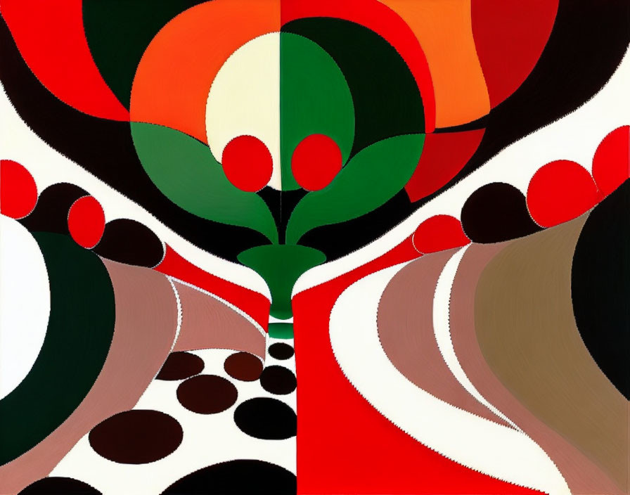 Geometric composition with red, green, black, and beige shapes in symmetrical design