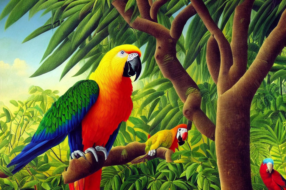 Colorful Macaw Perched on Tree Branch with Green Foliage and Birds