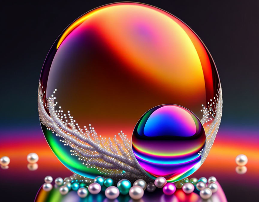 Colorful digital art: iridescent bubbles, pearls, and wing-like patterns on multicolored