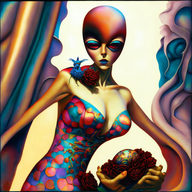 Colorful surreal artwork features elongated figure holding sphere with blue bird.